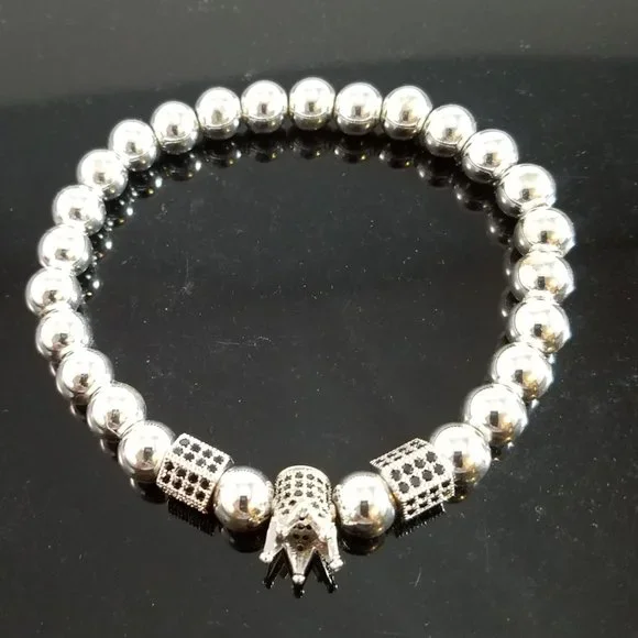 “SOLD” Hand Crafted Steel and Pave Beaded Stretch Bracelet Silver and Black 7.5" - Picture 5 of 6